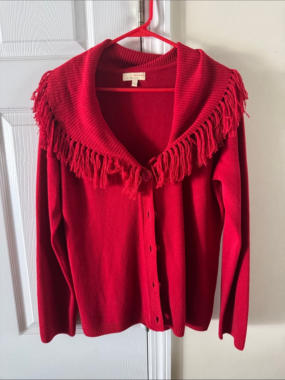 Choices Red Fringe Shawl Collar Cardigan